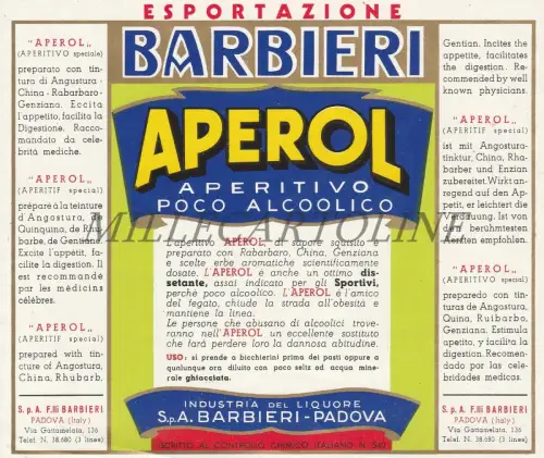 APEROL BARBIERI PADOVA - Alkoholarmes Aperitif-Etikett