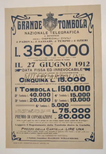 GROSSE TOMBOLA BENEFIT HOSPITALS PADUA SASSARI TEMPIO OZIERI - Flyer 1912