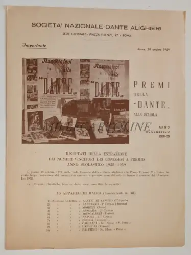 SOCIETÀ NATIONAL DANTE ALIGHIERI - Broschüre Schulpreise Jahr Scolast. 1958-59