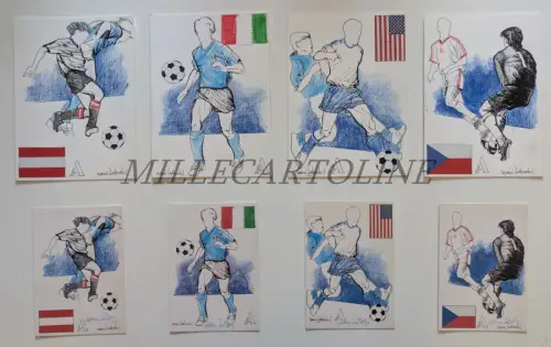 DEUTSCHE ZWERGE - 4 handgezeichnete Skizzen und 4 Postkarten Welt Italien 1990