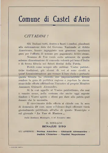 #CASTEL D'ARIO: 1925 APPELL AN DIE MITBÜRGER, ZU DEN ANGEBOTEN BEIZUTRAGEN...