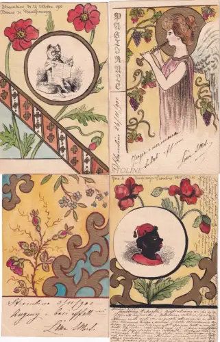 STRAMBINO (Turin) Benefizmesse 1900 - 4 handgezeichnete Postkarten