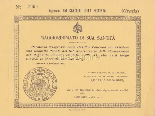 * KIRCHE - Krönungsgenehmigung Pius XI. 1925, Butler des Papstes!