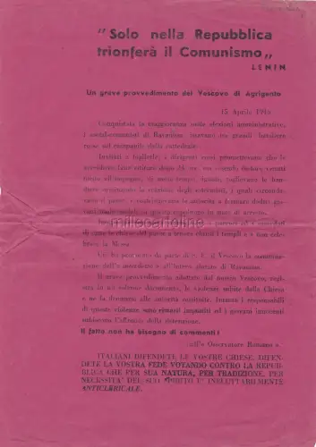 * KIRCHE - Ravanusa 1946 - Bischof von Agrigent beschuldigt kommunistische Führer