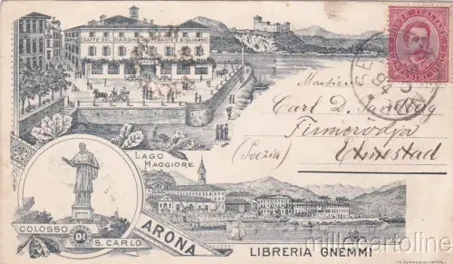 * ARONA - Illustrierte Panoramen 1894 - Bibliothek Gnemi, Colosso di S.Carlo e Caffè