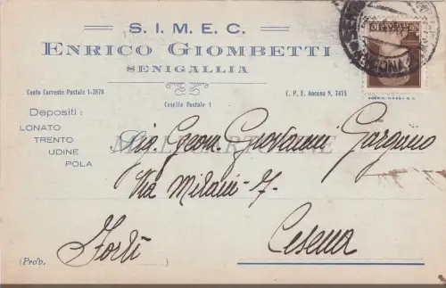 SENIGALLIA - SIMEC, Enrico Giombetti, Kopfatin, Postkarte 1930