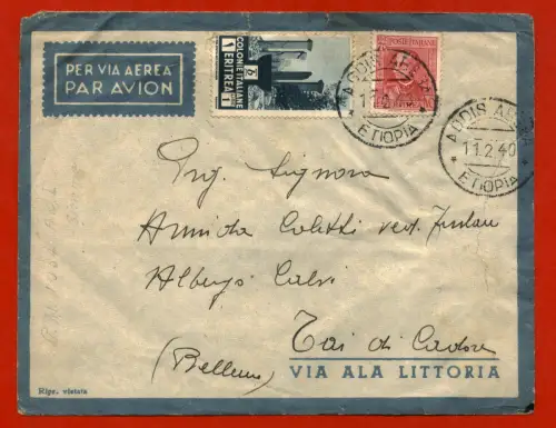 BUSTA ALA LITTORIA, DA ADDIS ABEBA A TAI BELLUNO, FEB 1940, STAMPS C75 + L1 m