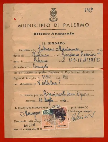 PALERMO LUG 1944, OFFICIO ANAGRAFE, 2 BRIEFMARKEN C15 ALLIED MILITARY PORTO m