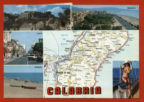 GRUSS AUS KALABRIEN, KARTE, 4 ANSICHTEN + MÄDCHEN OBEN OHNE, ENDE 80 m