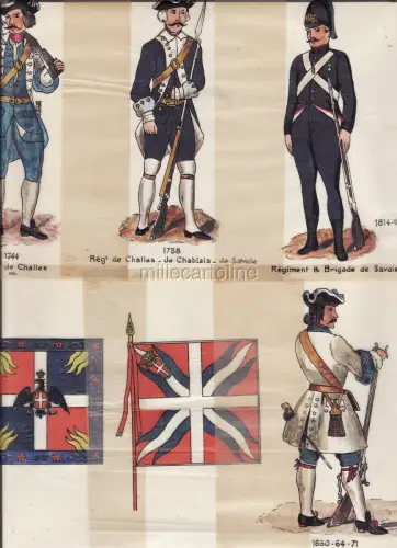 #10 ORIGINAL UNIFORMOLOGISCHE MODELLE + 2 BANNER BRIGADE SAVOYEN AUF PAPIER.