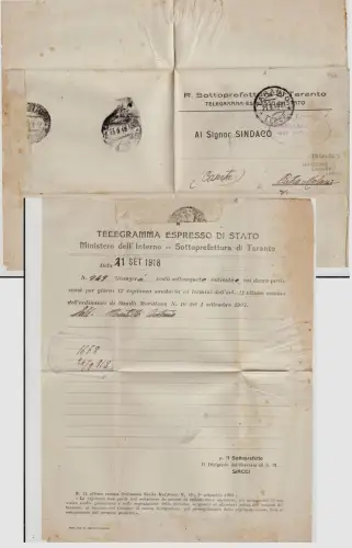 #TARANTO: 21-9-1918 R.SOTTOPREFETTO- UFF. SANITÄR DES PORTO-TELEGRAMMS