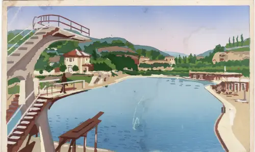 #HIER T.: DER GROSSE POOL - echtes handbemaltes Aquarell