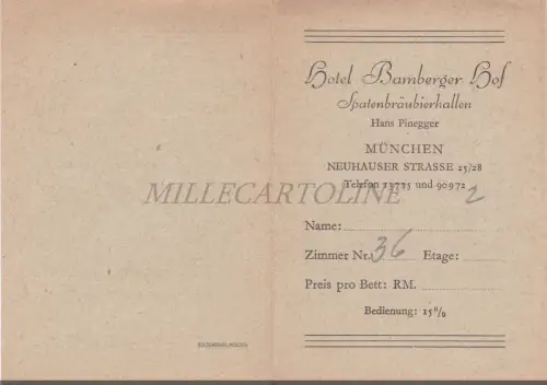 HOTEL BAMBERGER HOF MÜNCHEN - Zimmer Nr. Karton