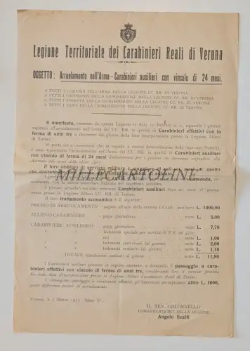 LEGIONE TERRITORIALE CARABINIERI REALI VERONA - Flyer Waffeneinberufung 1927