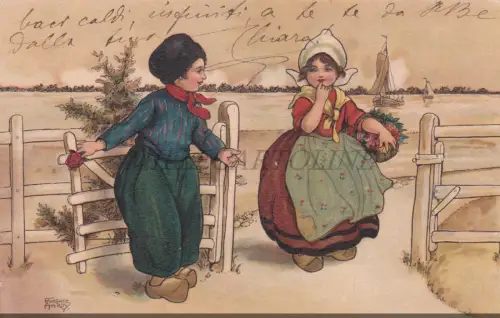 FLORENCE HARDY - Junge und Mädchen in niederländischer Tracht, Postkarte