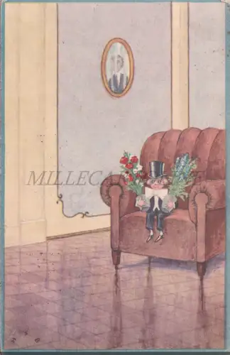 HSB - Kleiner Junge mit zwei Blumenvasen, Postkarte 1923