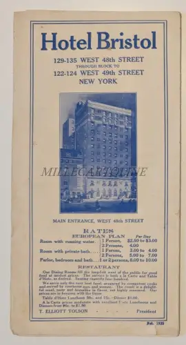 HOTEL BRISTOL NEW YORK - Prospekt mit Karten 1922