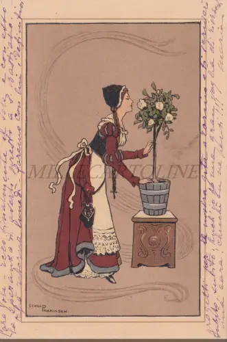 ETHEL PARKINSON - Mittelalterliches Mädchen mit Pflanze, Postkarte 1905