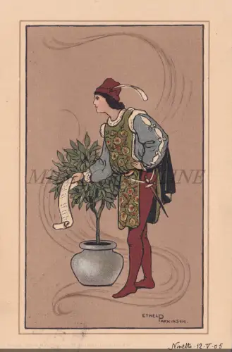 ETHEL PARKINSON - Mittelalterlicher Junge mit Pflanze, Postkarte 1905