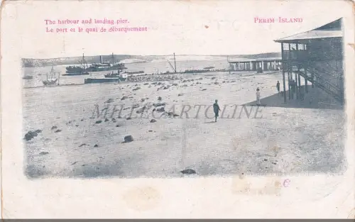 JEMEN - Der Hafen und Landungssteg, Perim Island, Postkarte 1900