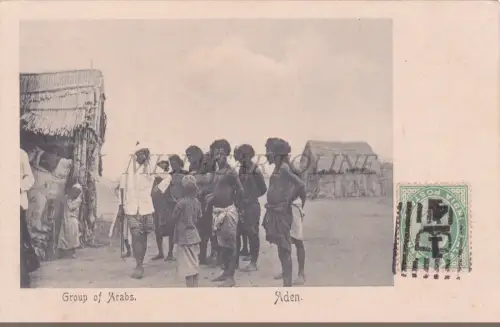 JEMEN - Gruppe Araber, Aden, Postkarte 1900 Indien Briefmarkenaufdruck