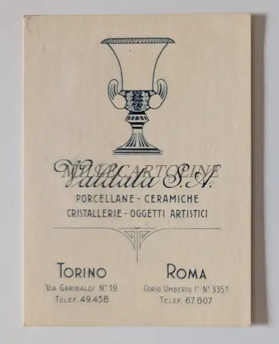 VALDATA PORCELLANE CERAMICHE CRISTALLERIE TORINO ROMA - Prägekarton