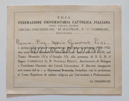 FUCI ITALIENISCHE KATHOLISCHE UNIVERSITÄTSFÖDERATION BOLOGNA - Karton 1925