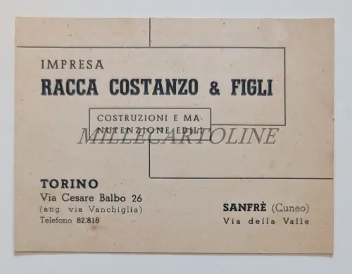UNTERNEHMEN RACCA COSTANZO & SONS CONSTRUZIONI DILI TURIN SANFRÈ - Karton 1942