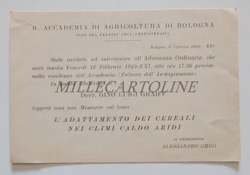 ACCADEMIA AGRICOLTURA BOLOGNA 1943 Einladung Anpassung Getreide Klima Warm Trocken