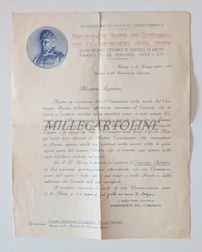 AUSSTELLUNG WERKE KORRIGIERUNG IV HUNDERTJAHRFEIER TOD PARMA 1935 - Einladungsbrief