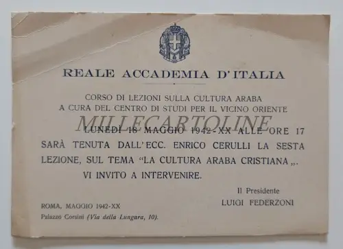 REALE ACCADEMIA D'ITALIA - Karton Lektion Cultura Araba Cristiana 1942