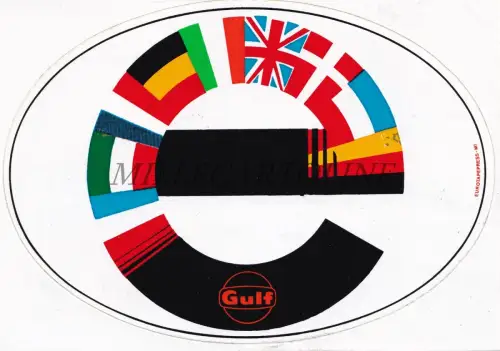 GULF OIL - Aufkleber, Rückseite Werbung Urlaubstuch für einen Ölwechsel