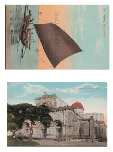 PHILIPPINEN - Manila, Kathedrale, Fischerboot, 2 Dennistons Postkarten