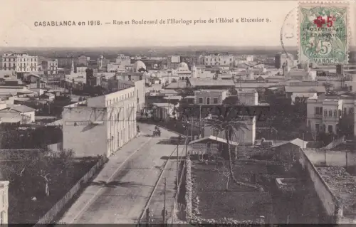 MAROKKO - Casablanca, Rue et Boulevard de l'Horloge, Postkarte 1916 5c Stempel