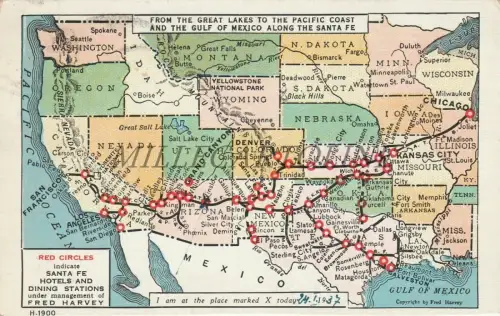 USA - Santa Fe Hotels - Albuq & Los Ang 1937 Postkarte Fred Harvey