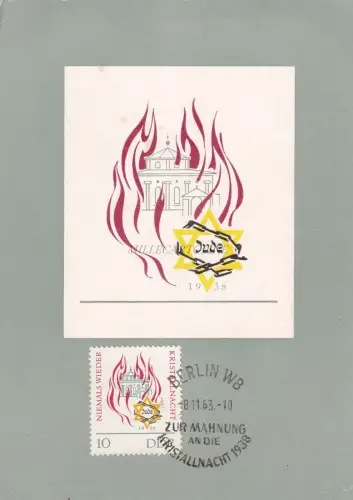 JUDAICA - Berlin W8 zur Mahnung an die Kristallnacht 1938-63 Postkarte + Stempel