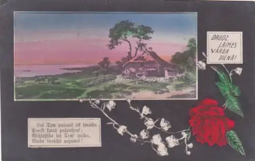 LETTLAND - Daudz Laimes Varda Diena! AK 1924 Rosen und Ansicht