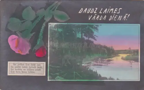 LETTLAND - Daudz Laimes Varda Diena! AK 1925 Rosen und Ansicht