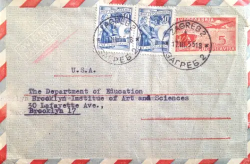 § JUGOSLAWIEN POST GANZSACHE PER USA. 1955 (ZAGREB)