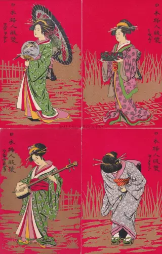 JAPAN - Herren- und Damenbekleidung - Geisha 1900 Lot von 9 Postkarten