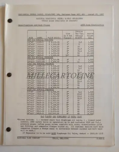 NATIONAL SUPPLY COMPANY TULSA OKLAHOMA - Horizontal Double Barrel Separator 1957