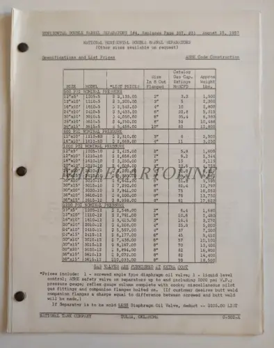 NATIONAL SUPPLY COMPANY TULSA OKLAHOMA - Horizontal Double Barrel Separator 1957