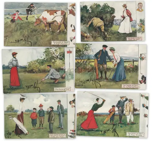 TUCK OILETTE - The Game of Golf - Komplettsatz 6 Postkarten 1906 L.Thackeray