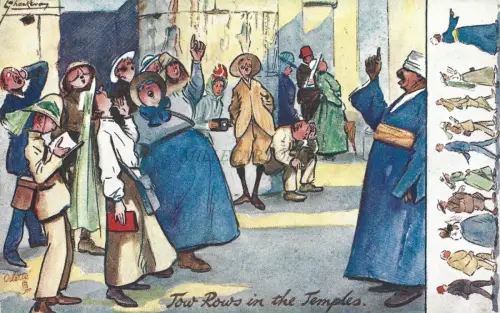 TUCK'S POSTCARD - Oilette Humor in Ägypten Schleppreihen in den Tempeln L.Thackeray