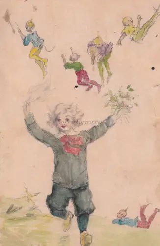 SKIZZE - Kind und Spiritelli - handkolorierte Zeichnung um 1910