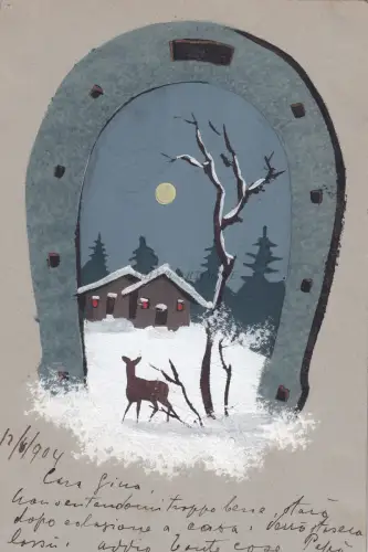 GRUSS - Handgezeichnete Postkarte, Tempera 1904 Schnee und Hufeisen