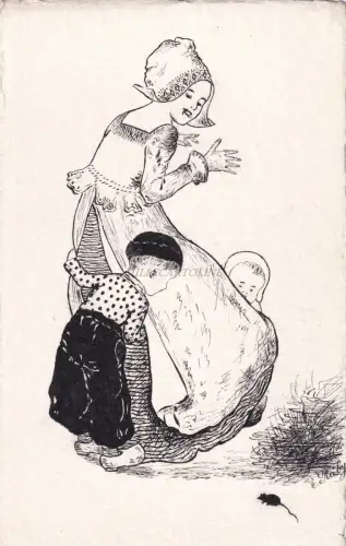 NETHERLANDS - Niederländische Kostüme - Handgezeichnete Postkarte von E.Raby 1909