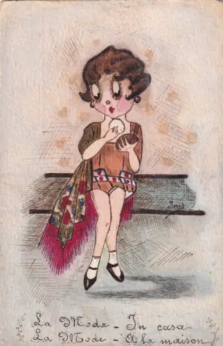 DIE MODE - Hand gezeichnete und kolorierte Postkarte signiert Ines Mary Style 1927