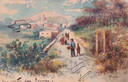 ROM - Ein Gruß 1901 Postkarte handgezeichnet und aquarellkoloriert