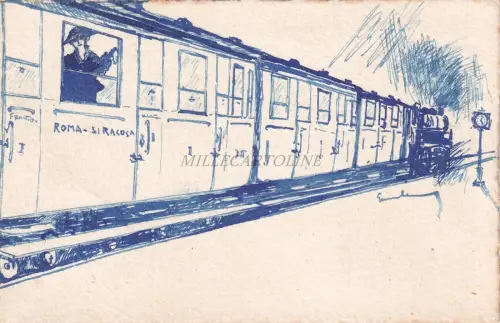 BAHNHOF UND ZUG - Rom Syrakus - Handzeichnung 1920 Poesie 'A Abfahrt